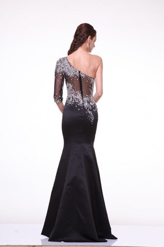 Black One Shoulder Illusion Sleeve Beaded Satin Gown
