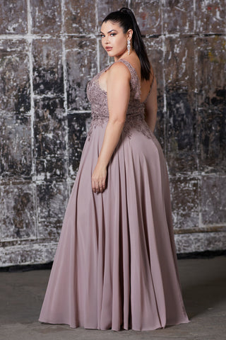 Curve Collection A-line chiffon gown with lace applique bodice and v-neckline.