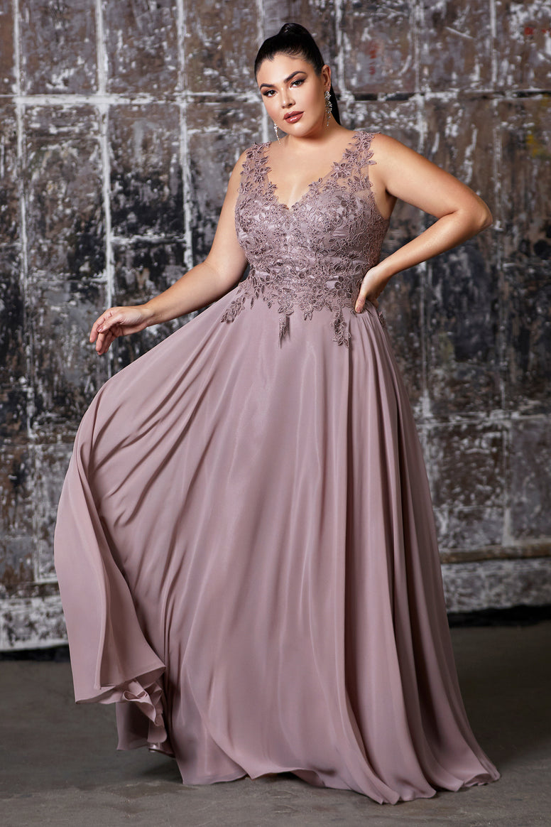 Curve Collection A-line chiffon gown with lace applique bodice and v-neckline.