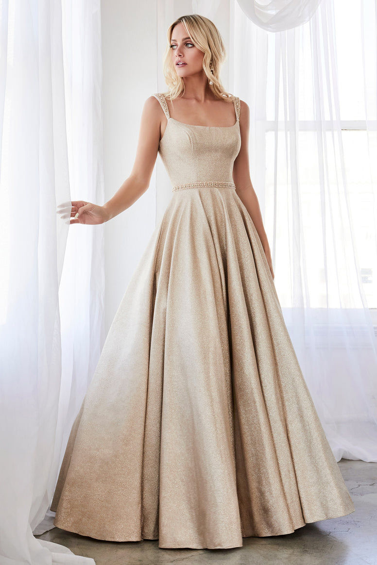 Beautiful Champagne Glitter Finish Ball Gown Beaded Belt and Pockets.
