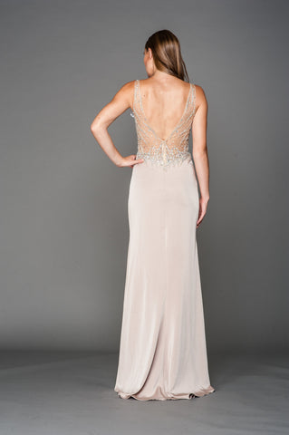 V-NECK MESH BEJEWELED BODICE LONG PROM PAGEANT DRESS