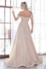 Off the shoulder ball gown with lace applique bodice and netted jacquard skirt